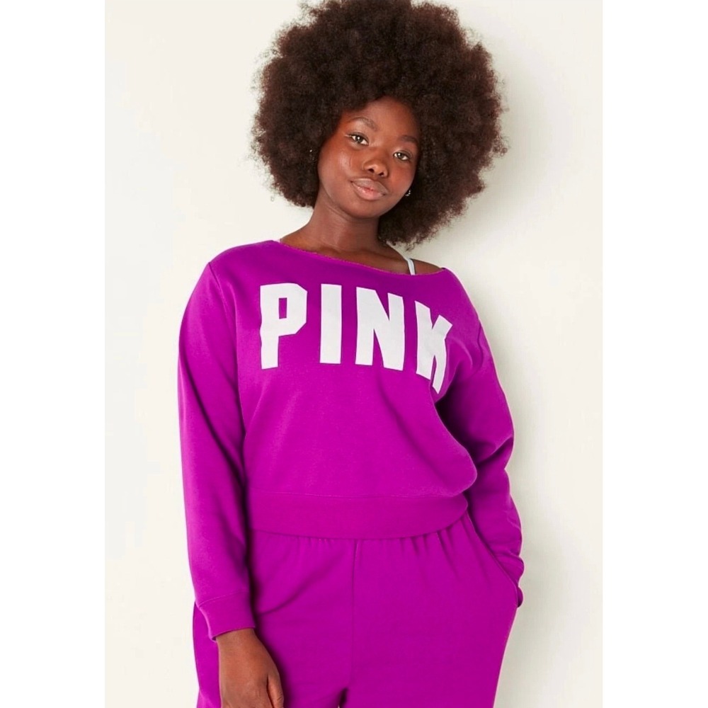 PINK Victoria's Secret Purple Wide Neck Logo Sweatshirt XXL Relaxed Fit Pullover